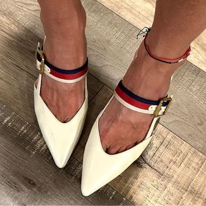 GUCCI cream Sylvie Web strap bamboo kitten heel shoes size 35 fits US 5 + 5.5